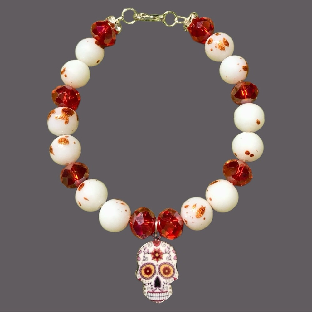 Skull Charm Bracelet with Red and White Beads